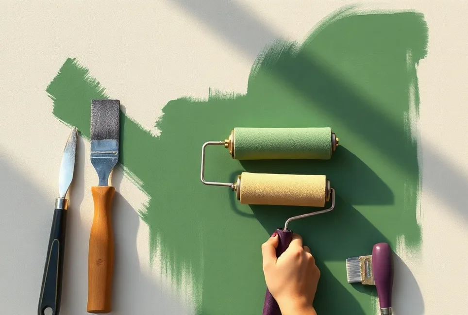 Outils de peinture disposés dans l'ordre des étapes du chantier