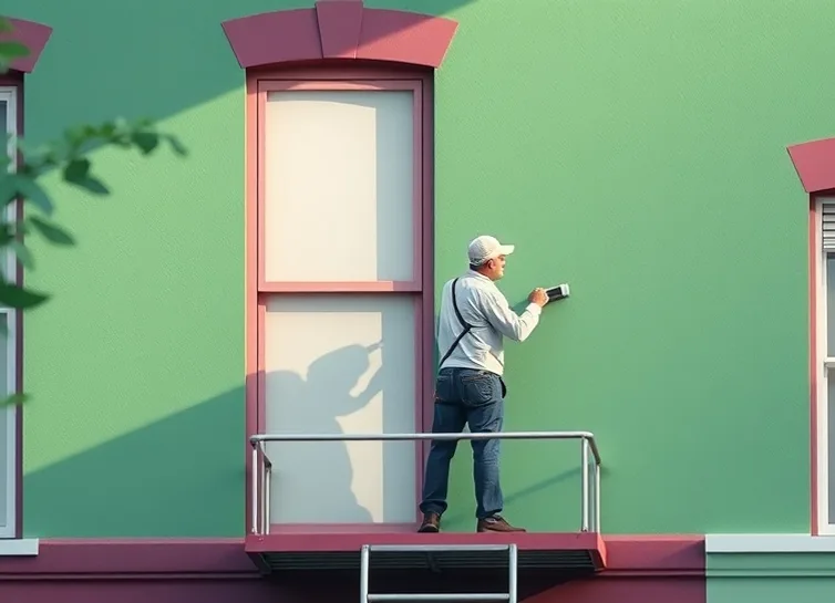 Peintre sur échafaudage traitant la façade d'une maison