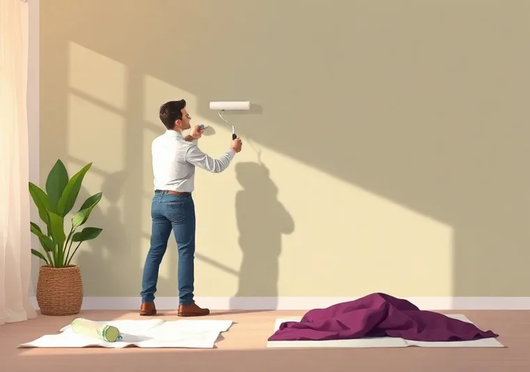 Peintre appliquant la peinture au rouleau sur un mur de salon